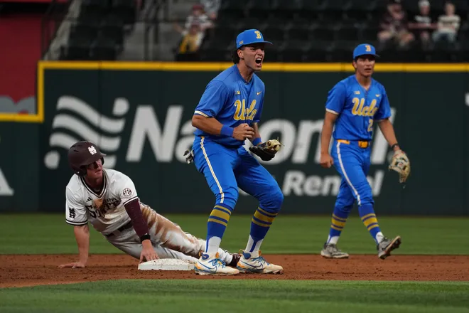 Mar 1, 2026; Arlington, TX, USA; UCLA Bruins against Mississippi State Bulldogs during the Amegy Bank College Baseball Series at Globe Life Field. Mandatory Credit: Dustin Safranek-Imagn Images