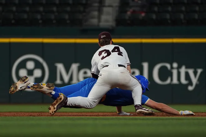 Mar 1, 2026; Arlington, TX, USA; UCLA Bruins against Mississippi State Bulldogs during the Amegy Bank College Baseball Series at Globe Life Field. Mandatory Credit: Dustin Safranek-Imagn Images
