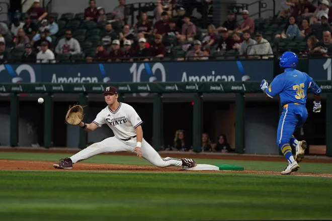 Mar 1, 2026; Arlington, TX, USA; UCLA Bruins against Mississippi State Bulldogs during the Amegy Bank College Baseball Series at Globe Life Field. Mandatory Credit: Dustin Safranek-Imagn Images
