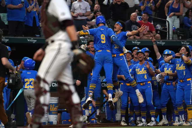 Mar 1, 2026; Arlington, TX, USA; UCLA Bruins against Mississippi State Bulldogs during the Amegy Bank College Baseball Series at Globe Life Field. Mandatory Credit: Dustin Safranek-Imagn Images