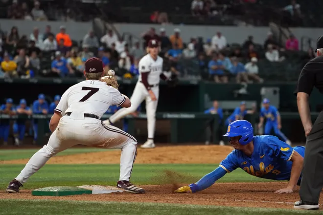 Mar 1, 2026; Arlington, TX, USA; UCLA Bruins against Mississippi State Bulldogs during the Amegy Bank College Baseball Series at Globe Life Field. Mandatory Credit: Dustin Safranek-Imagn Images