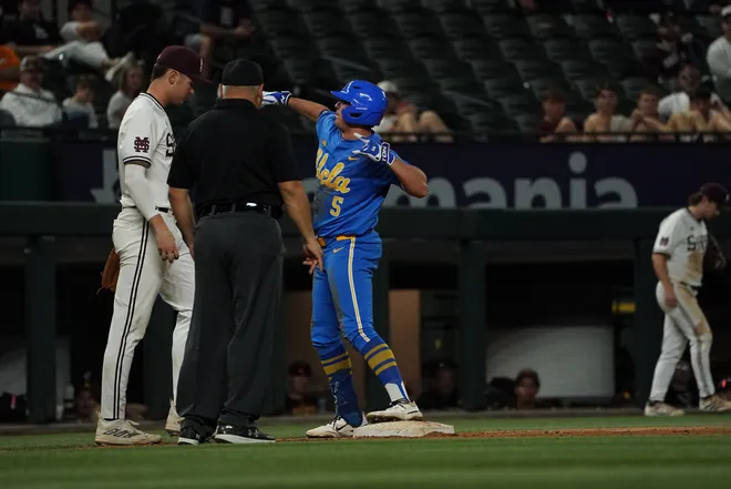 Mar 1, 2026; Arlington, TX, USA; UCLA Bruins against Mississippi State Bulldogs during the Amegy Bank College Baseball Series at Globe Life Field. Mandatory Credit: Dustin Safranek-Imagn Images