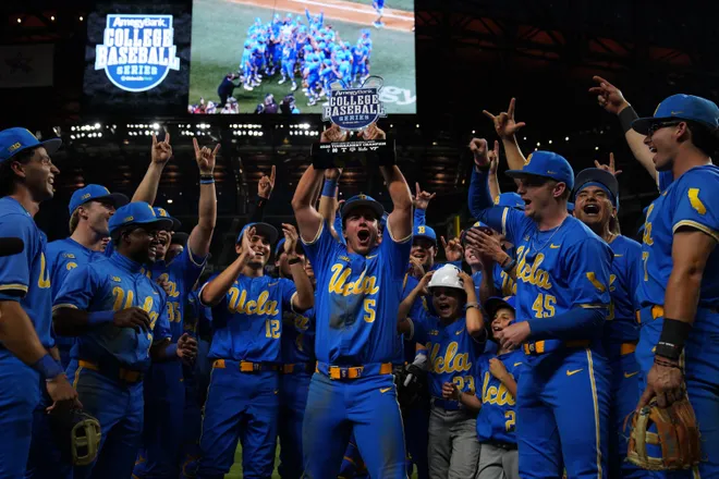 Mar 1, 2026; Arlington, TX, USA; UCLA Bruins against Mississippi State Bulldogs during the Amegy Bank College Baseball Series at Globe Life Field. Mandatory Credit: Dustin Safranek-Imagn Images
