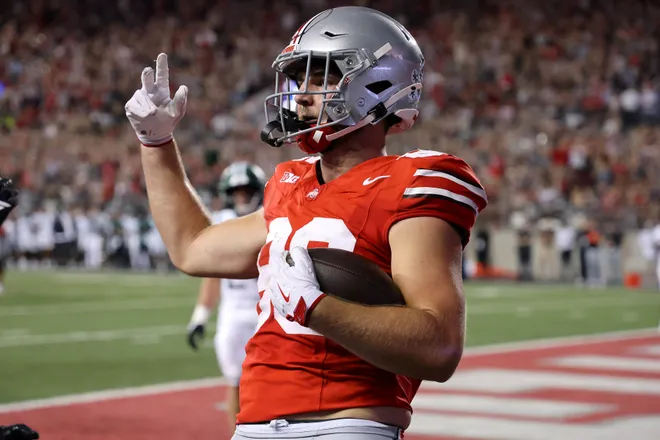 Sep 13, 2025; Columbus, Ohio, USA; Ohio State Buckeyes tight end Max Klare (86) celebrates his touchdown during the second quarter against the Ohio Bobcats at Ohio Stadium. Mandatory Credit: Joseph Maiorana-Imagn Images