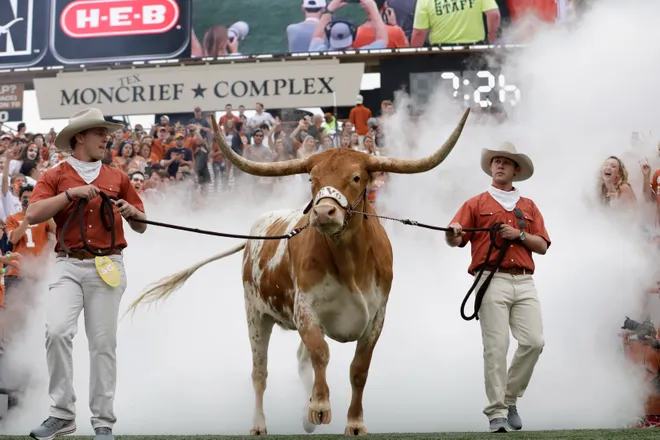 AUSTIN, TX - SEPTEMBER 22: Texas Longhorns mascot Bevo XV enters the stadium before the game against the TCU Horned Frogs at Darrell K Royal-Texas Memorial Stadium on September 22, 2018 in Austin, Texas. (Photo by Tim Warner/Getty Images)