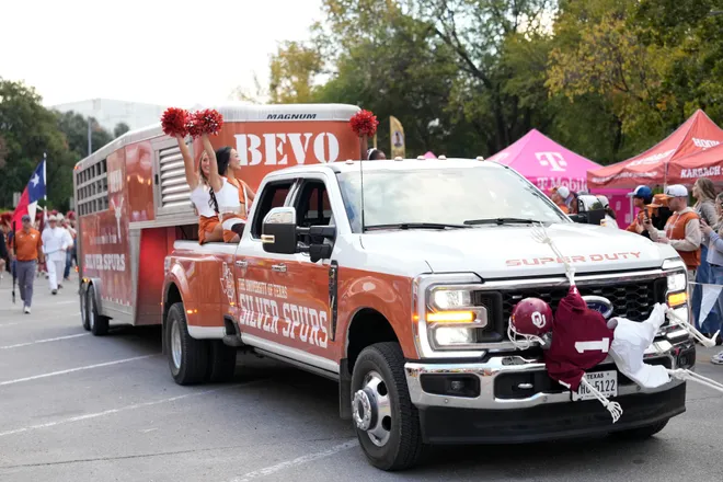 Nov 1, 2025; Austin, Texas, USA; Texas Longhorns cheerleaders in the Silver Spurs truck during the Bevo Parade before a game against the Vanderbilt Commodores at Darrell K Royal-Texas Memorial Stadium. Mandatory Credit: Scott Wachter-Imagn Images