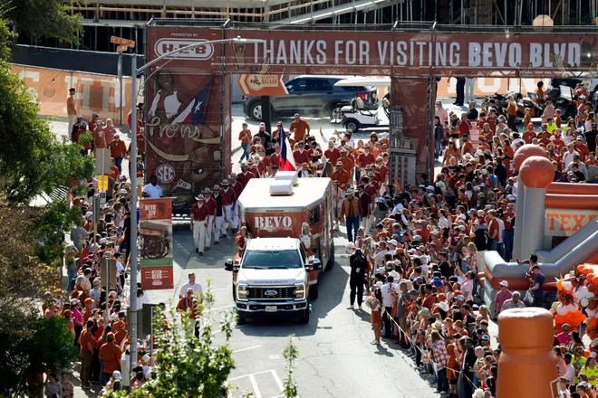 Nov 22, 2025; Austin, Texas, USA; View of the entrance of the Texas Longhorns Bevo Parade before a game against the Arkansas Razorbacks at Darrell K Royal-Texas Memorial Stadium. Mandatory Credit: Scott Wachter-Imagn Images