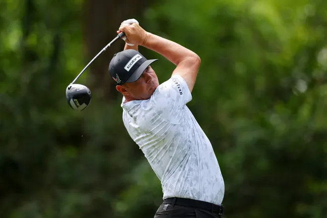Gary Woodland of the United States plays a shot from the eighth tee during the third round of the Texas Children's Houston Open 2026 at Memorial Park Golf Course on March 28, 2026 in Houston, Texas.