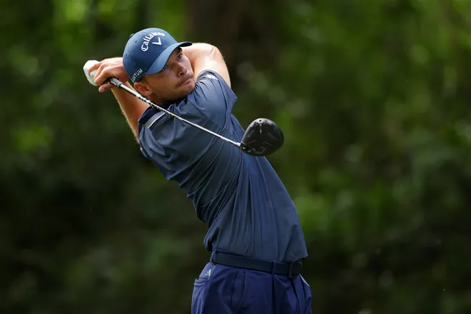 Nicolai Hojgaard of Denmark plays a shot from the eighth tee during the third round of the Texas Children's Houston Open 2026 at Memorial Park Golf Course on March 28, 2026 in Houston, Texas.
