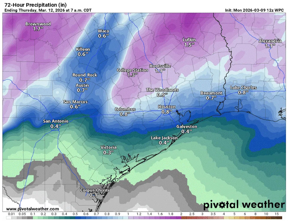 Rainfall totals from now until Thursday morning will range from a half-inch to more than an inch, especially in the Hill Country. (Pivotal)