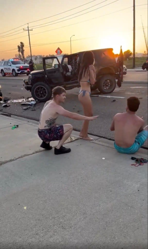 Crash survivors surveying the damage; the Jeep’s driver was arrested for DWI. r/world24x7hr/reddit