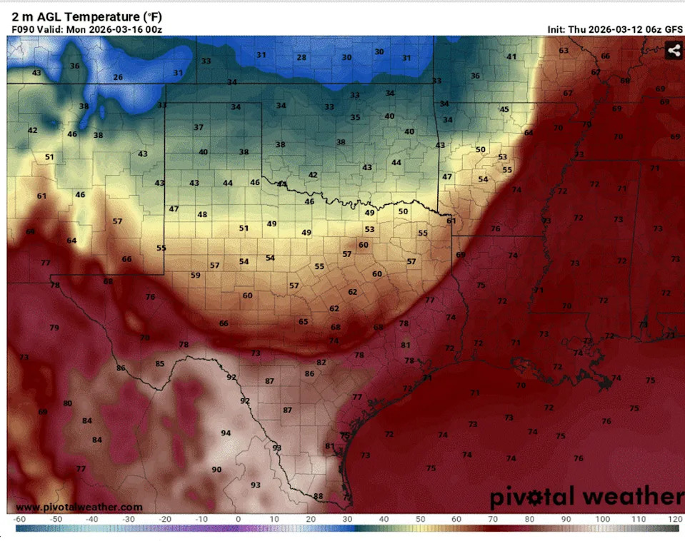 A strong, but dry, cold front will move into Texas on Sunday, accompanied by a big drop in temperatures. (Pivotal)