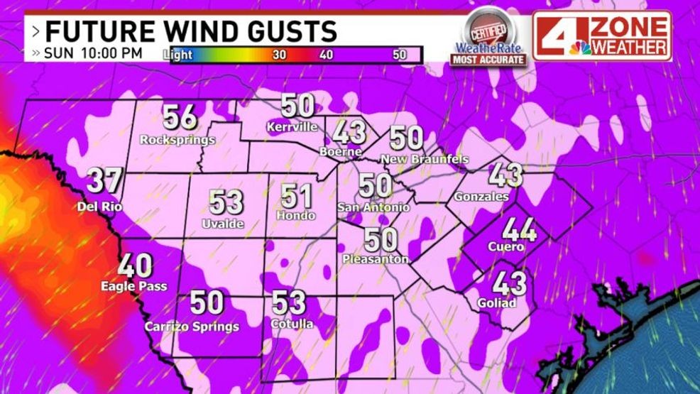 Forecast wind gusts Sunday night