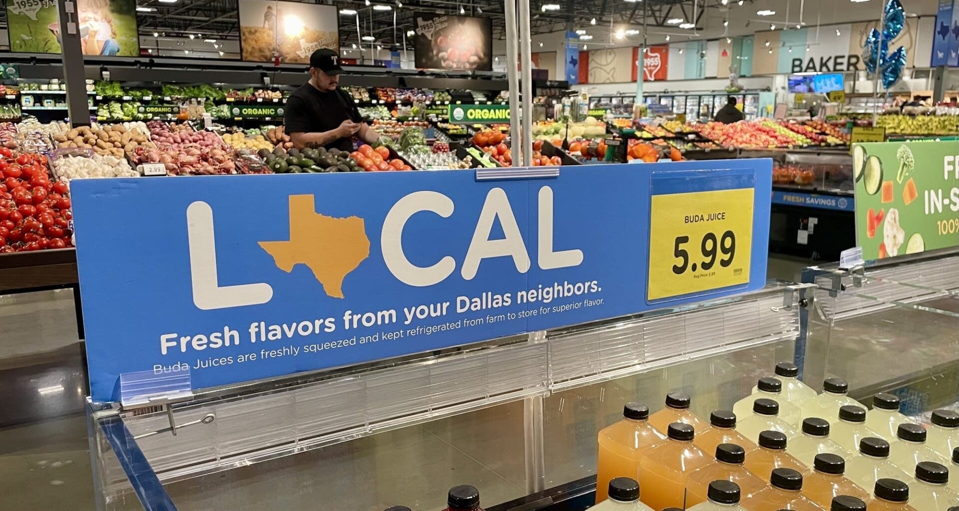 The produce section at the new Bonds Ranch Kroger Marketplace in Fort Worth advertises local Texas products.