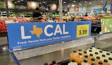 The produce section at the new Bonds Ranch Kroger Marketplace in Fort Worth advertises local Texas products.