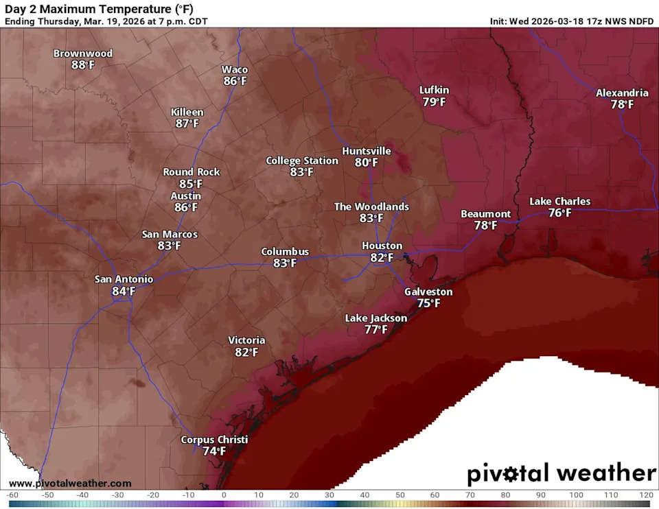 Afternoon temperatures on Thursday across Texas will climb into the middle and upper 80s. (Pivotal)
