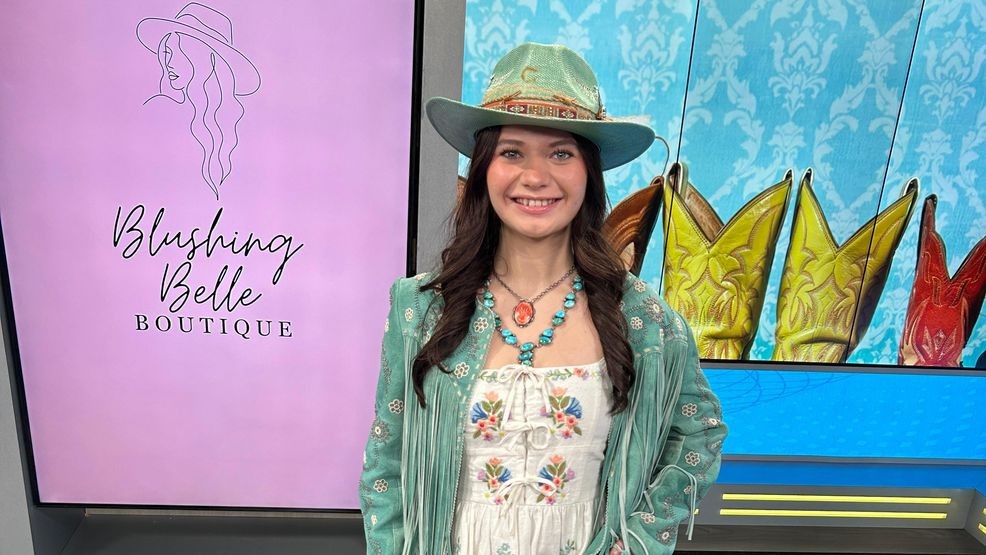 “Ashley is in a Show Me Your Mumu dress styled for the rodeo, but it could easily work for a bridal shower,” Carney added. “She’s wearing a lamb suede Skully jacket with turquoise beading, a Charlie 1 Horse and Strauss hat, Buck & Brana boots, a leather bag, and jewelry. For men, Hunter has on one of our brand new floral shirts with a vintage belt, Stetson straw hat, and decorated feathers—masculine but personalized. Nate is showcasing a breathable pearl snap shirt, bandana, felt hat with unique band and feather, plus Lucchese boots and vintage accessories.”
