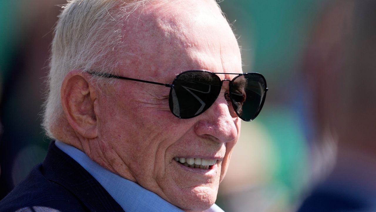 Dallas Cowboys owner Jerry Jones watches warm ups before an NFL football game against the New York Jets Sunday, Oct. 5, 2025, in East Rutherford, N.J. (AP Photo/Seth Wenig)