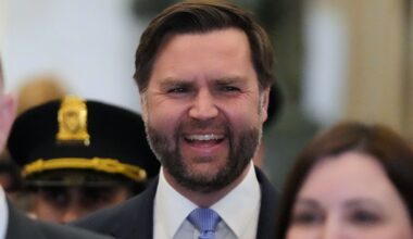 Vice President JD Vance arrives before President Donald Trump delivers the State of the Union address to a joint session of Congress in the House chamber at the U.S. Capitol in Washington, Tuesday, Feb. 24, 2026. (AP Photo/Mark Schiefelbein)