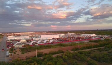This aerial photo shows an entrance to the Stargate artificial intelligence data center complex in Abilene, Texas on Sept. 22, 2025. (AP Photo/Matt O'Brien, File)