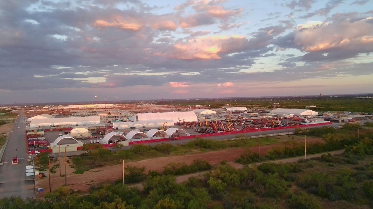 This aerial photo shows an entrance to the Stargate artificial intelligence data center complex in Abilene, Texas on Sept. 22, 2025. (AP Photo/Matt O'Brien, File)