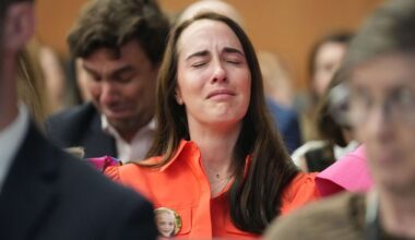 Alli Naylor, mother of Wynne Naylor who died at Camp Mystic, reacts as attorneys argue for a temporary restraining order regarding the camp, at the Travis County Courthouse in Austin, Texas, on Wednesday, March 4, 2026. (Jay Janner/Austin American-Statesman via AP, Pool)