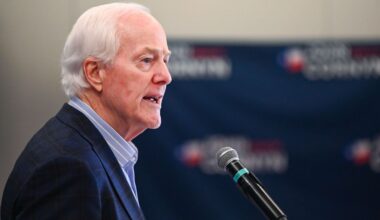 Sen. John Cornyn, R-Texas, speaks to the media Tuesday, March 3, 2026, in Austin, Texas. (AP Photo/Jack Myer)