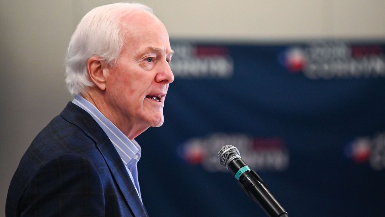 Sen. John Cornyn, R-Texas, speaks to the media Tuesday, March 3, 2026, in Austin, Texas. (AP Photo/Jack Myer)