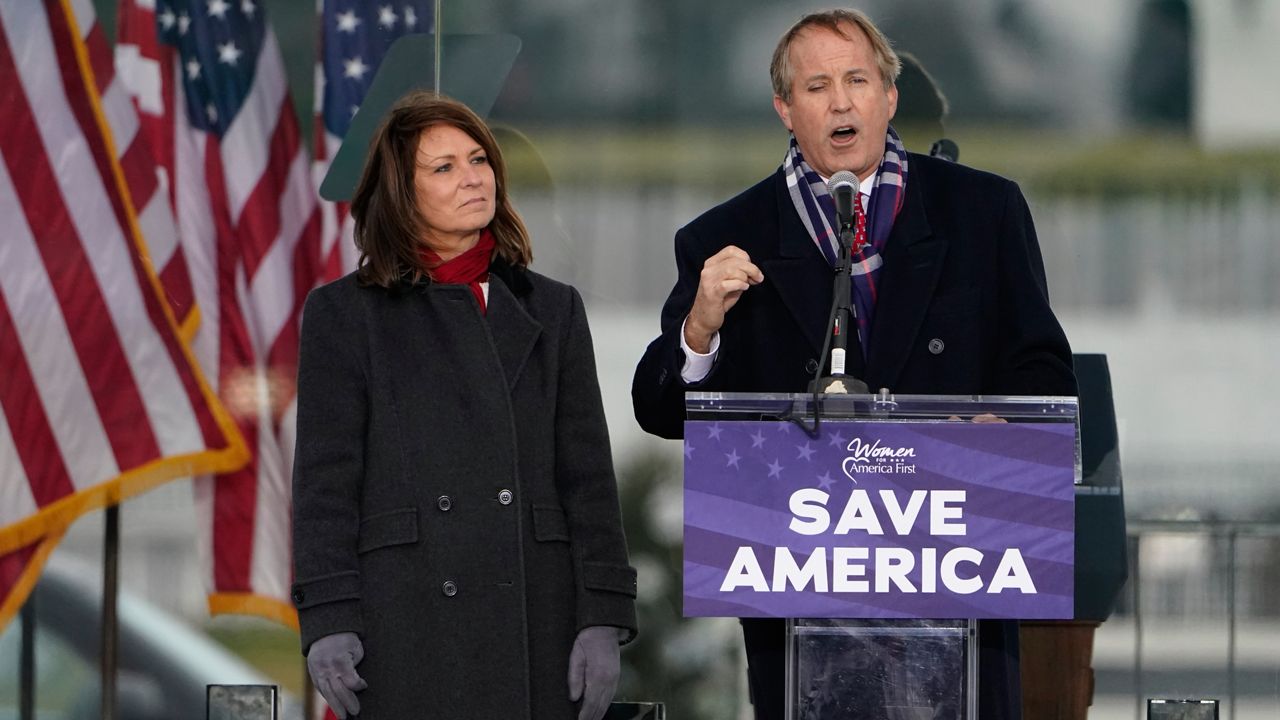 Texas Attorney General Ken Paxton speaks at a rally in support of President Donald Trump called the "Save America Rally" in Washington on Jan. 6, 2021. (AP Photo/Jacquelyn Martin)