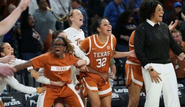 Texas players celebrate as they defeat South Carolina in an NCAA college basketball game in the Players Era tournament in Las Vegas, Thursday, Nov. 27, 2025. (AP Photo/Eric Gay)
