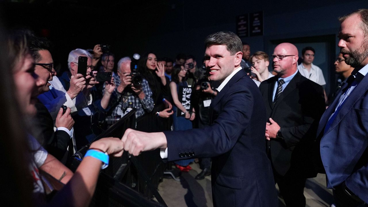 Texas state Rep. James Talarico, D-Austin, a Democratic candidate for the U.S. Senate, greets supporters at a primary election watch party Tuesday, March 3, 2026, in Austin, Texas. (AP Photo/Eric Gay)