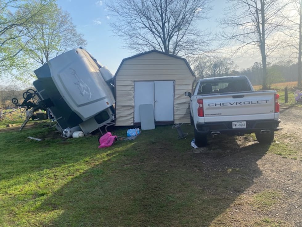 Damage from reported tornado on Prospect Road about 10 miles north of Jefferson, Texas