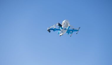 an Amazon delivery drone flies around North Texas