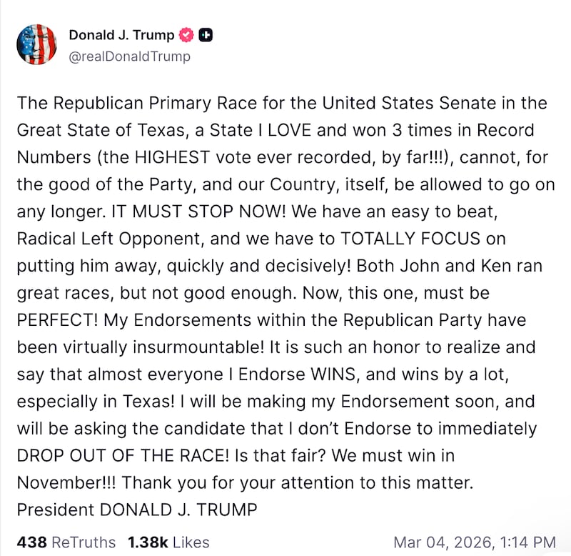 President Trump freaks out and vows to endorse in the race in an effort to avoid a nasty and expensive Texas Republican Senate runoff after Democrats saw record turnout in their own Senate primary.