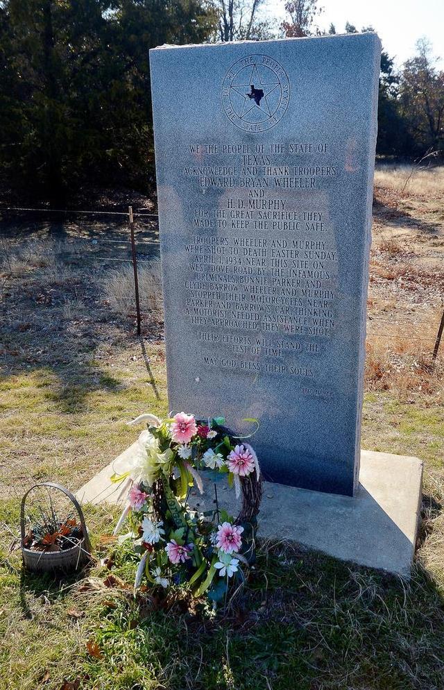 A marker on Dove Road near Texas 114 is a monument to Texas state troopers Edward Bryan Wheeler and H.D. Murphy, both gunned down by Clyde Barrow and Henry Methvin with the Bonnie & Clyde gang.