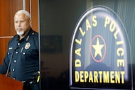 Dallas Police Chief Daniel Comeaux listens to a reporter’s question during a news conference...