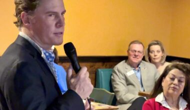Tarrant County Republican Party chairman Bo French spoke to a Republican women’s club meeting Feb. 10, 2024, at the Enchiladas Ole restaurant in Fort Worth, Texas.