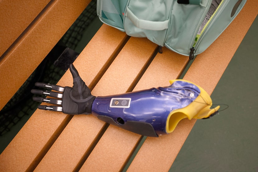 A prosthetic hand that belongs Ron Rosas, a University Park resident and a quadriplegic, is...