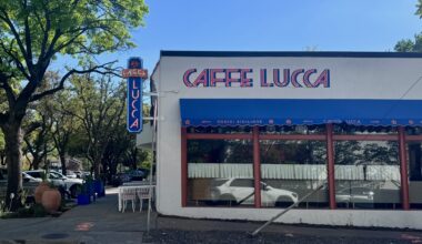 The sign and exterior of Caffe Lucca in Dallas
