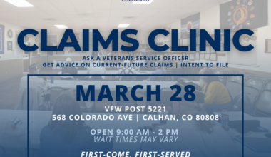 Graphic with a photo of the Calhan VFW in the background and text overlay reading Claims Clinic March 28