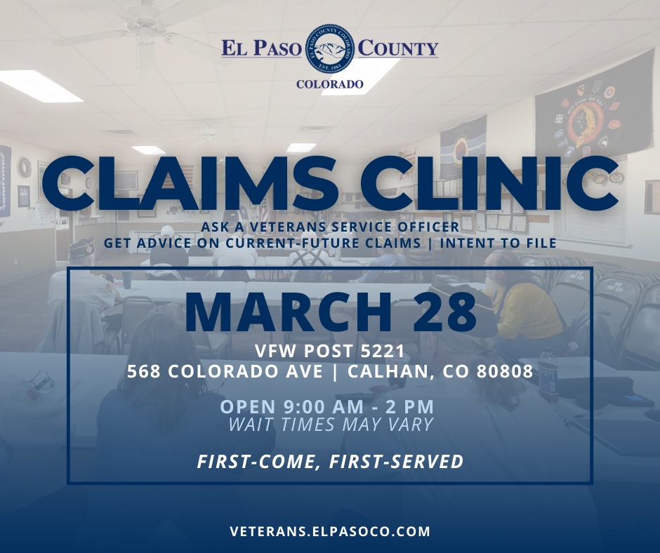 Graphic with a photo of the Calhan VFW in the background and text overlay reading Claims Clinic March 28