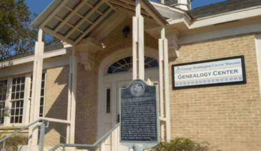black and gold border around graphic and photo of the genealogy center ath the george washington carver museum in austin, tx with text stating carver genealogy center