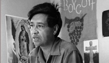 This 1969 file photo shows Cesar Chavez, farm worker labor organizer and leader of the California grape strike, in an office in California works from an office on June 2, 1969. (AP Photo, George Brich)