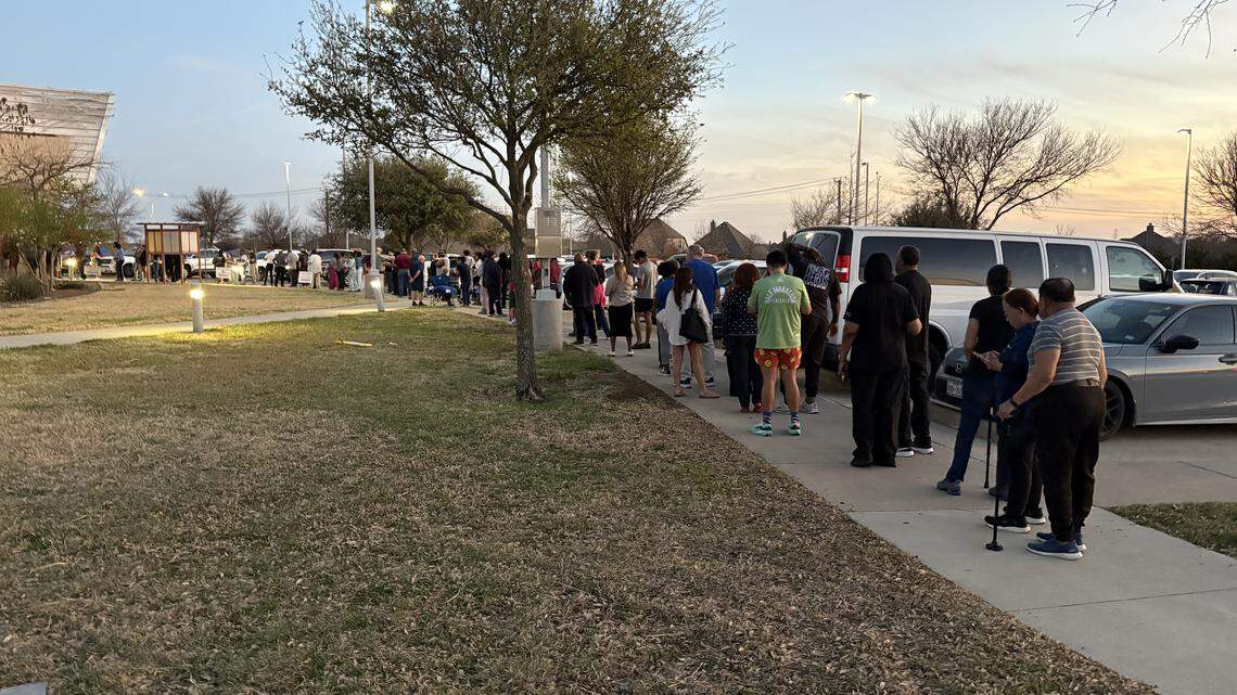 Voters lined up more than 100 deep outside the door of the Chisholm Trail Community Center in far south Fort Worth at 6:50 p.m. on Tuesday, March 3, 2026.