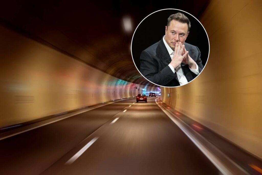 Image shows a photograph of a tunnel with a superimposed image of Elon Musk's face.