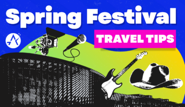 Colorful graphic titled “Spring Festival Travel Tips” featuring Austin-Bergstrom International Airport branding. The design includes festival-themed icons such as a stage light and camera, microphone, electric guitar, and cowboy hat over abstract blue, green, and yellow shapes, representing Austin’s spring music and festival season