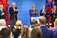SMU's new Athletic Director Damon Evans (center) is introduced during an event on Thursday,...