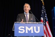 Southern Methodist University President Jay Hartzell speaks during a press conference...