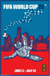 Poster with illustration of cowboy kicking soccer ball in front of Dallas skyline (© Matt Cliff/FIFA)