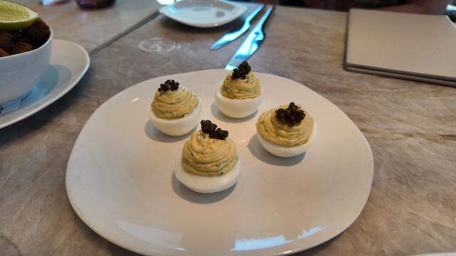 Deviled Eggs with caviar at Mirador in Dallas on Oct. 14, 2025. This menu item will be available at Cafe Mirador in Forty Five Ten Boutique in Fort Worth.